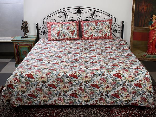 Multicolor Pure Cotton Queen Size Bedsheet With Floral Vines Printed And Two Pillow Cover