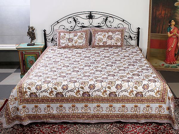 Cream Color Handblock Printed Cotton Double Bedsheet With Multicolor-Gold Phool Bail Pattern And Two Pillow Cover