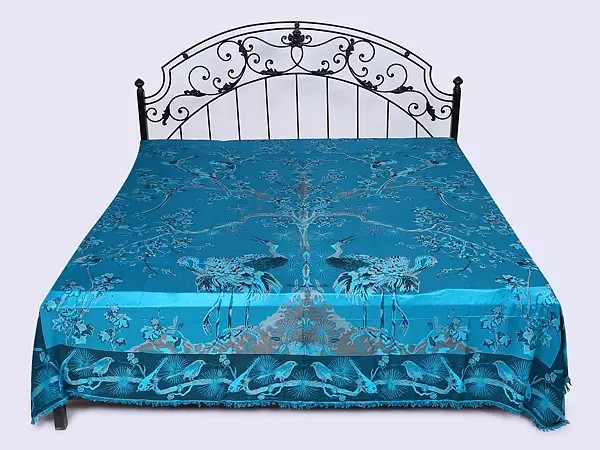 Queen Bedsheet: Reversible Jamawar Style Featuring Tree of Life and Crane Motifs