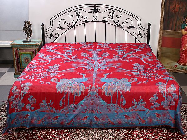 Reversible Jamawar Queen Size Bedsheet With Woven Tree of Life And Crane