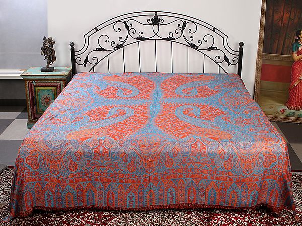 Multicolor Reversible Jamawar Queen Size Bedsheet With Woven Bold Paisley-Floral Pattern