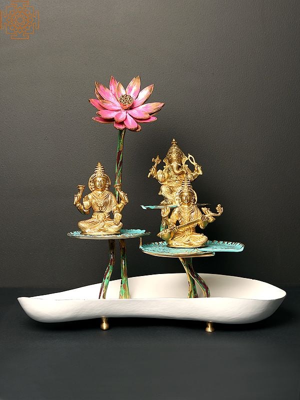 16" Pink Lotus with Leaves in Brass | Handpainted