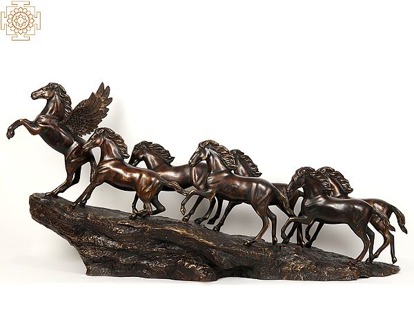 58" Large Seven Galloping Horses | Brass Sculpture