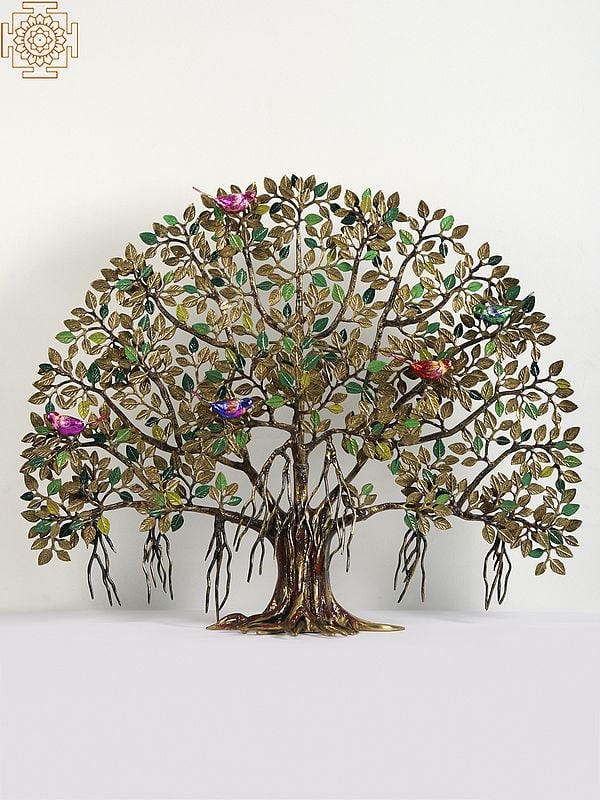 35" Brass Colorful Tree with Birds (Handpainted)