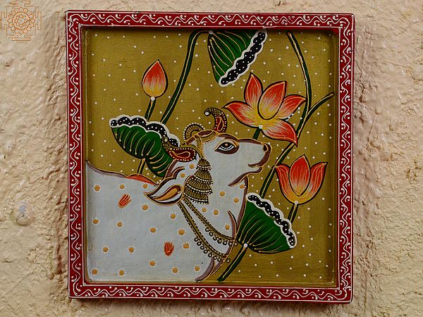 12" White Cow Surrounded by Flowers Pichwai Art | Handpainted Wooden Folk-Art Home Decor