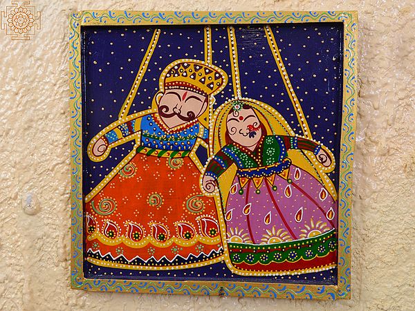 12" Traditional Rajasthani Man and Woman as Puppets | Handpainted Wooden Folk-Art Home Decor