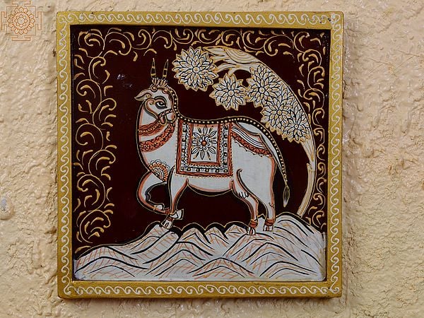 12" Traditional Clothed White Cow Pichwai Art |  Handpainted Wooden Folk Art | Home Decor | Wall Plate