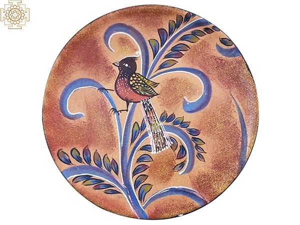 12" Colourful Bird Sitting On Plant  | Handpainted Wooden Folk Art | Home Decor | Wall Plate