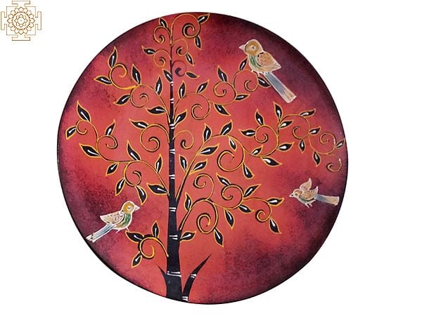 12" Colourful Birds Around Tree | Handpainted Wooden Wall Plate | Home Decor