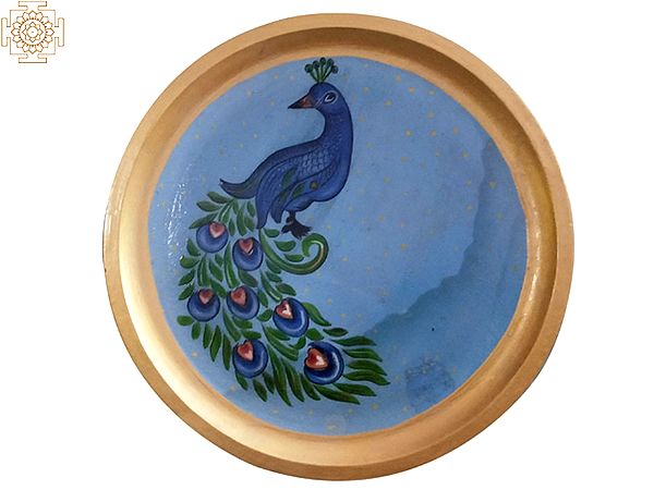 12" Peacock in Blue Background | Handpainted Wooden Wall Plate | Home Decor