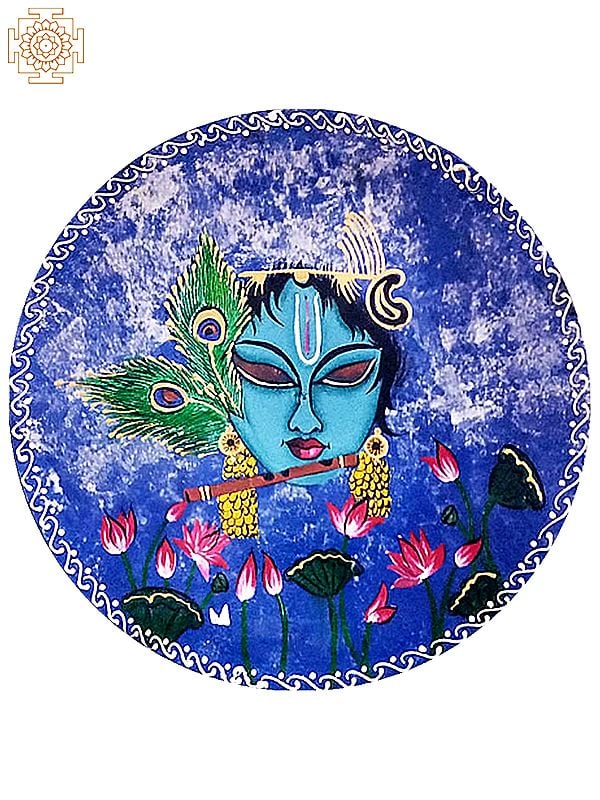 12" Lord Krishna Playing Flute | Handpainted Wooden Folk Art Wall Plate | Home Decor