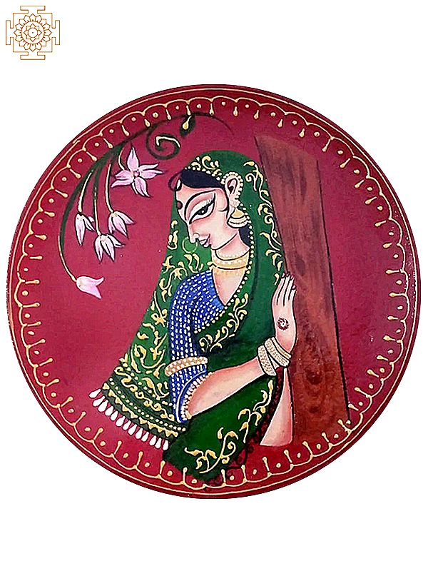 12" Rajasthani Woman Standing Behind Tree | Handpainted Wooden Folk Art Wall Plate | Home Decor