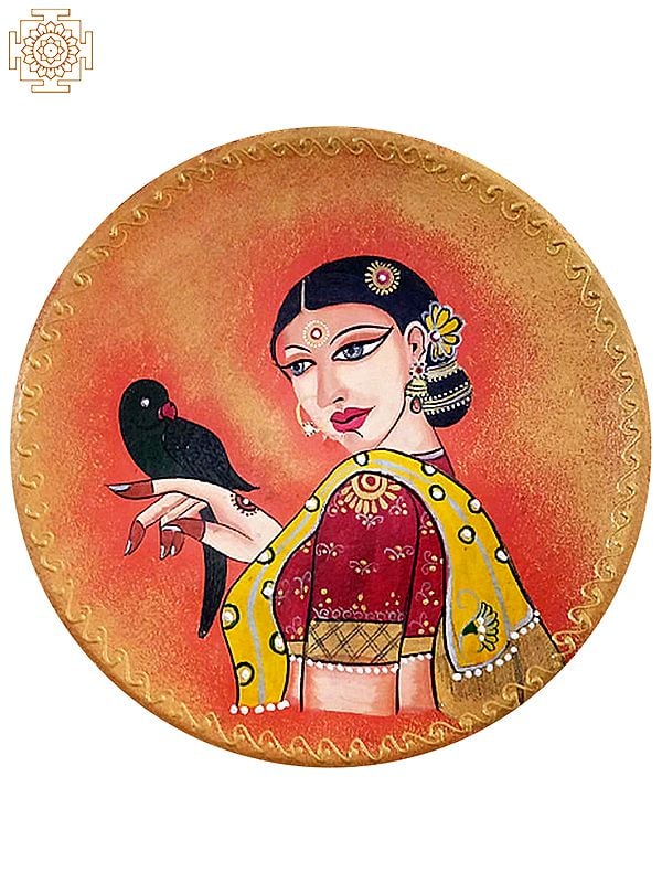 12" Rajasthani Woman With Parrot  | Handpainted Wooden Folk Art | Home Decor | Wall Plate