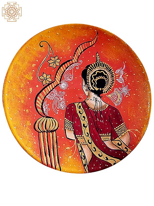 12" Traditional Red Dressed Indian Lady | Handpainted Wooden Folk Art | Wall Plate for Decor