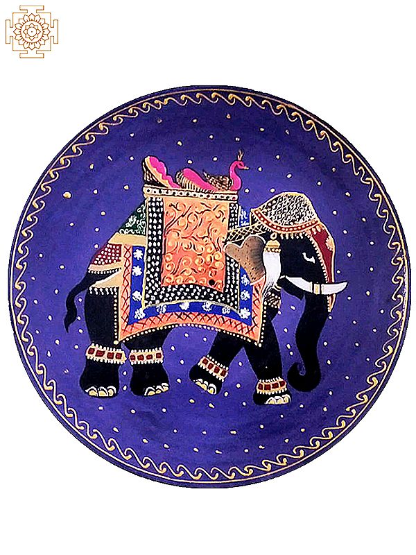 12" Traditional Clothed Black Elephant | Handpainted Wooden Folk Art | Wall Plate for Decor