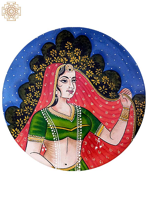 12" Royal Rajasthani Woman in Saree | Handpainted Wooden Folk Art | Wall Plate for Decor