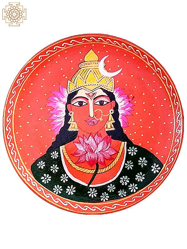 12" Colourful Goddess Lakhsmi Holding Lotus | Handpainted Wooden Folk Art | Wall Plate for Decor