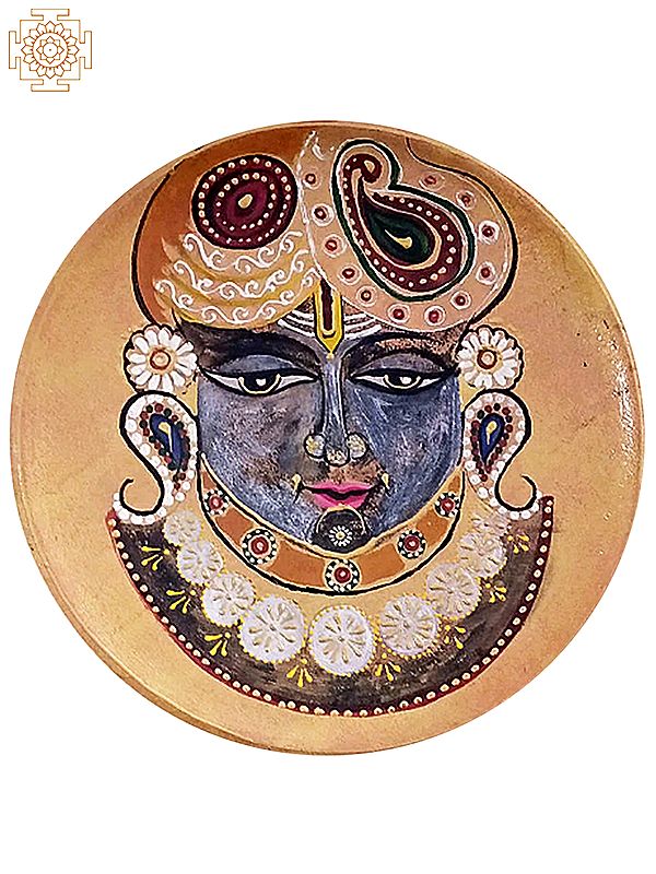 12" Traditional Coloured Lord Shrinathji | Handpainted Wooden Folk Art | Wall Plate for Decor