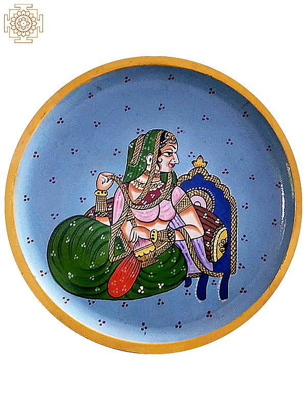 12" Royal Indian Woman Seated | Handpainted Wooden Folk Art | Wall Plate for Decor