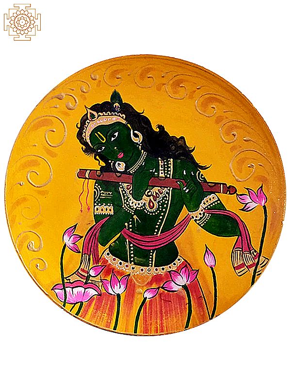 12" Lord Krishna (Shrinathji) Around Flowers Playing Flute | Handpainted Wooden Folk Art | Wall Plate for Decor