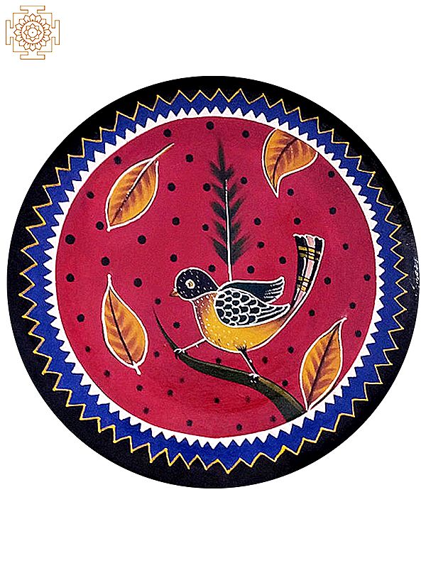 12" Bird Sitting on Tree in Autumn Weather | Handpainted Wooden Folk Art | Wall Plate for Decor