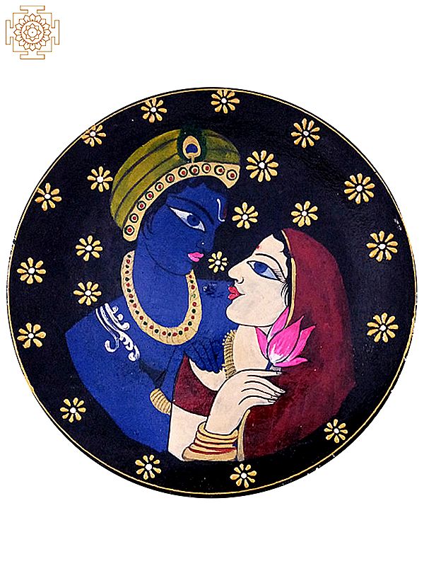 12" Lord Krishna and Goddess Radha in Love | Handpainted Wooden Folk Art | Wall Plate for Decor