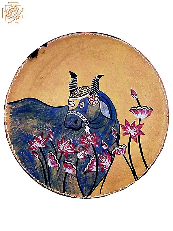 12" Colourful Cow Around Flowers Pichwai Art  | Handpainted Wooden Folk Art | Home Decor | Wall Plate