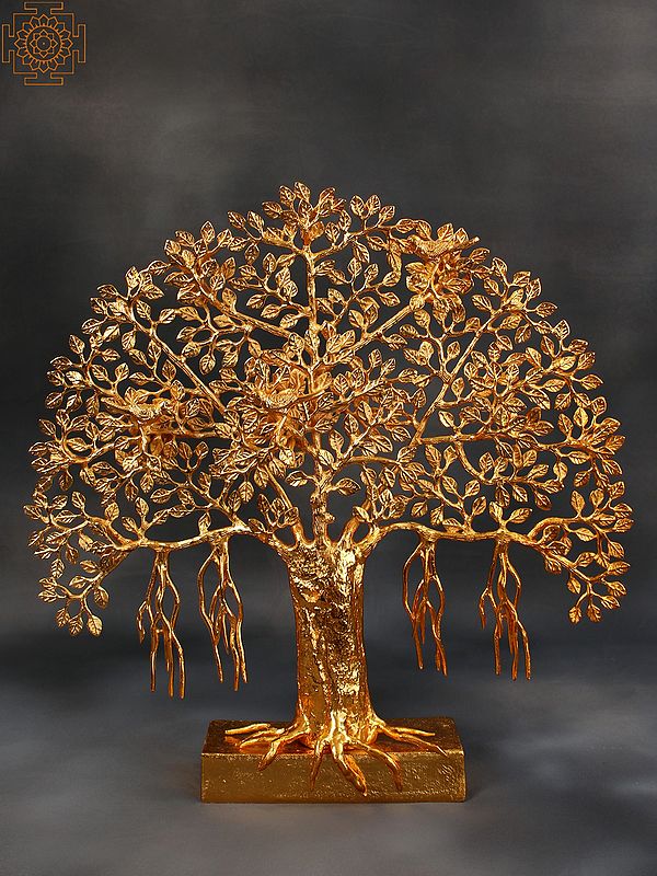 20" Gold Plated Banyan Tree With Birds | Brass