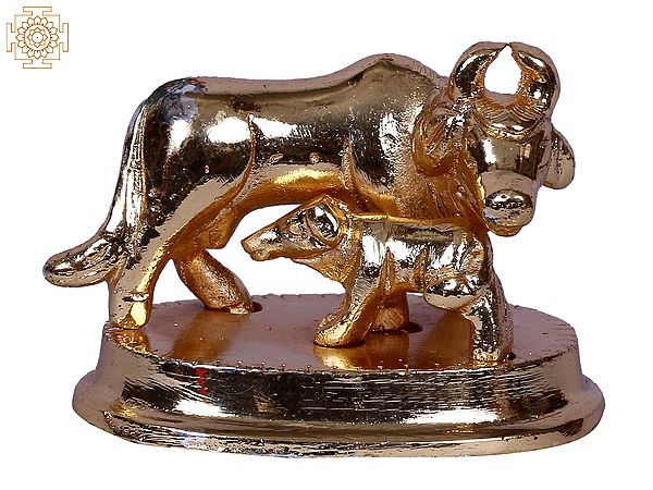 1" Mother Cow with Calf on Throne | Gold Plated Brass Statue