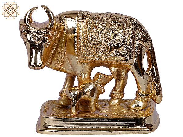 3" Mother Cow with Calf Idol | Decorated Gold-Plated Brass Statue