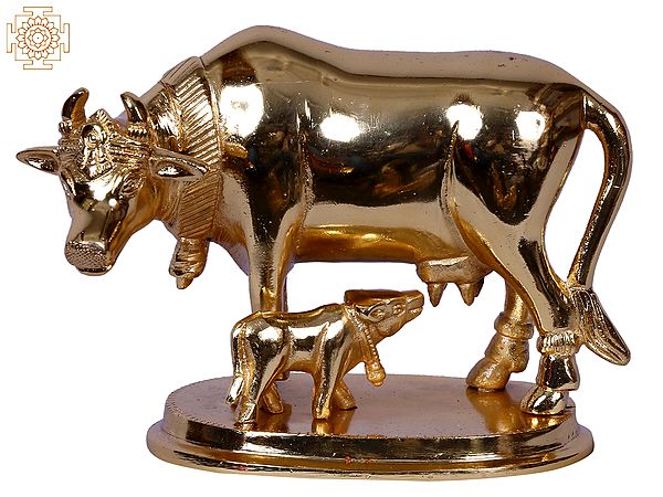 5" Mother Cow With Calf | Gold Plated Brass Statue