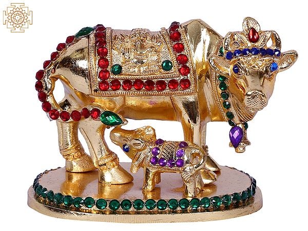 2" Mother Cow With Calf | Stone Decorated Gold Plated Brass Statue