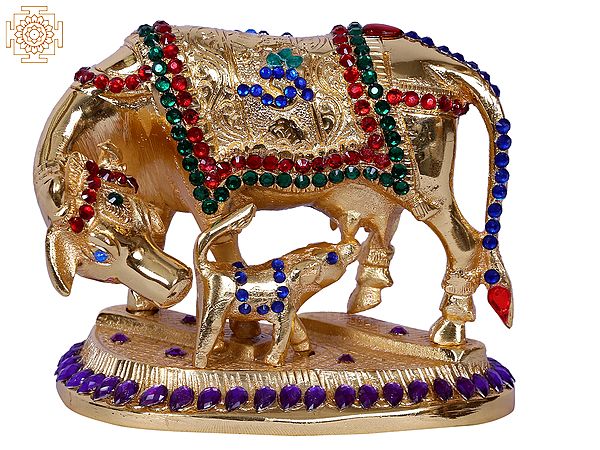 4" Mother Cow With Calf | Stone Decorated Gold Plated Brass Statue