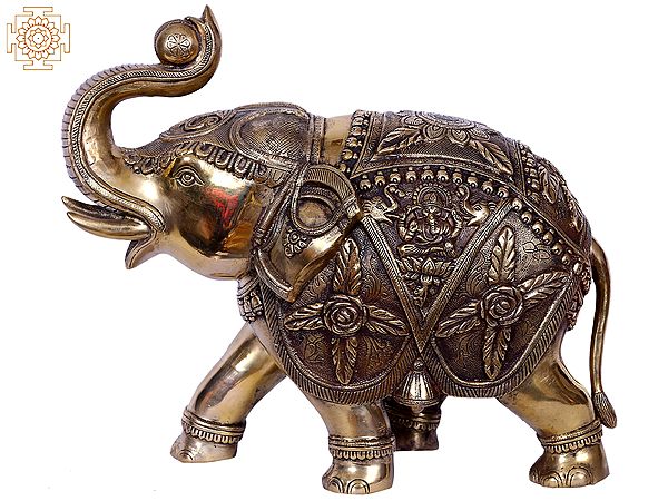 14'' Elephant With Lakshmi Ganesha Engraved | Gold-Plated Brass