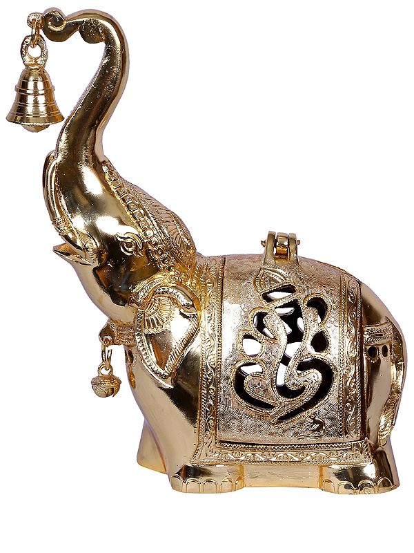 11'' Ganesha Engraved Elephant Statue Carrying Bell | Gold-Plated Brass Idol