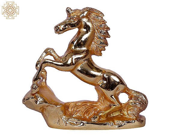 3'' Small Horse Figurine on Rock | Gold-Plated Brass Statue