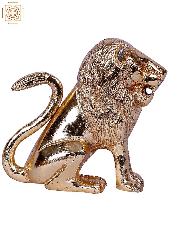 Furious Lion Statue Seated | Gold-Plated Brass Idol