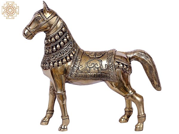 Ancient Dressed Horse Standing | Gold-Plated Brass