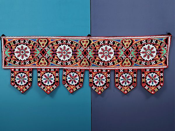 Caviar-Black Decorative Toran for the Doorstep with Multicolor Mirror Embroidered Flower Motif