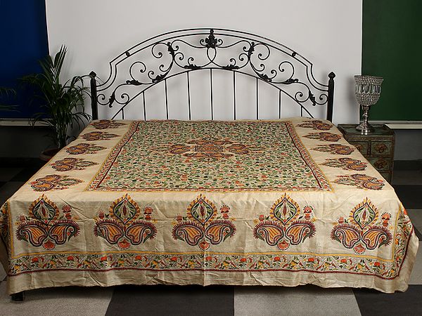Banana-Crepe Pure Tussar Kantha Bed Cover From Bengal With Multicolor Fine Mango-Floral Motif Embroidery That Takes An Year To Complete