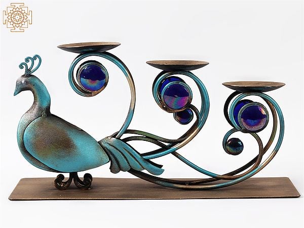 16'' Exquisite Blue Peacock With Wicks On Tail | Iron With Glass | Home Decor