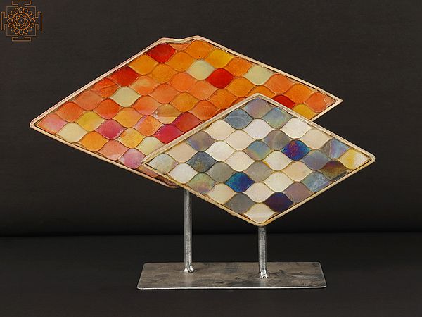 13'' Mosaic Wooden Table Piece With Glass Work | Wood and Iron | Home Decor