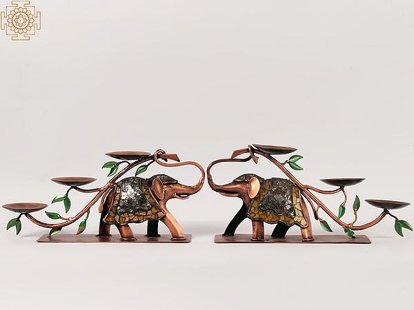 Set Of Elephant Carrying Branch Candle Stand | Iron | Home Decor