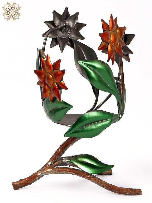 11'' Candle Stand With Covering Flowers | Iron | Home Decor