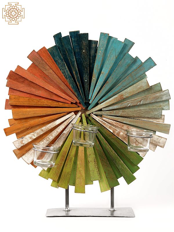 16'' Colourful Designer Candle Stand | Wood and Iron | Home Décor