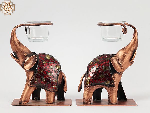 Set of Elephant Candle Stand With Inlay Work | Iron and Glass | Home Décor