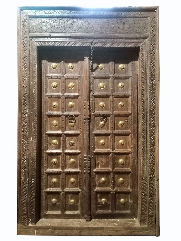 95" Large Square Design Wooden Door with Frame | Vintage Indian Door