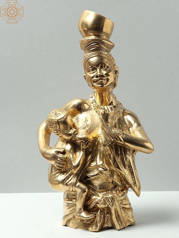 7'' Idol of African Woman Carrying Baby | Handmade Brass Statue