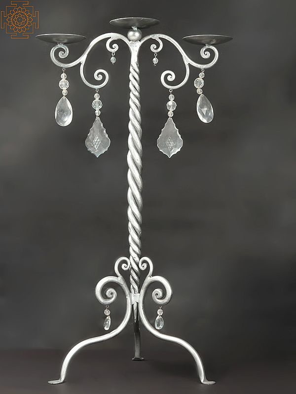 24" Iron Braided Candle Stand With Faceted Glass Beads