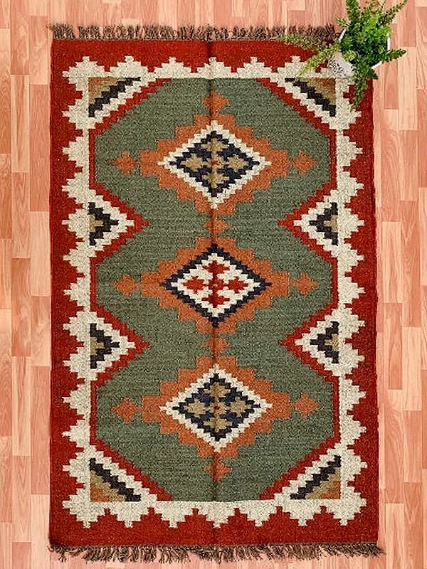 Handmade Jute Wool Traditonal  Kilim Aztec Rug - Available in Various Sizes
